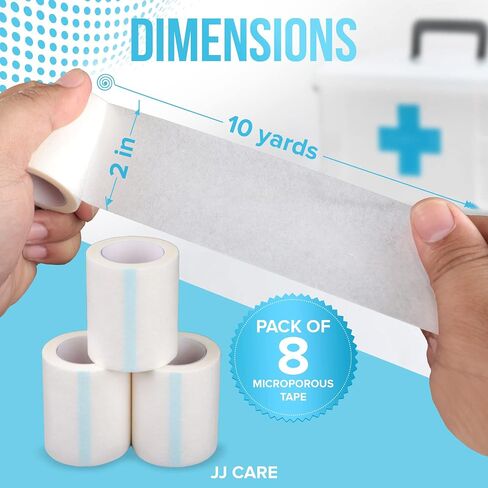 JJ CARE Micropore Tape [Pack of 8], 2" x 10 Yards, Breathable Paper Tape Medical Use, Latex-Free Paper Surgical Tape, Individually Boxed Paper Bandage Tape Rolls in Saudi Arabia