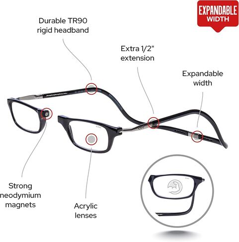 نظارات قراءة مغناطيسية من كليك (قابلة للتوسيع)، قارئات كمبيوتر قابلة للتعديل، أصلية قابلة للتوسيع، (أسود، تكبير 1.75) in Kuwait
