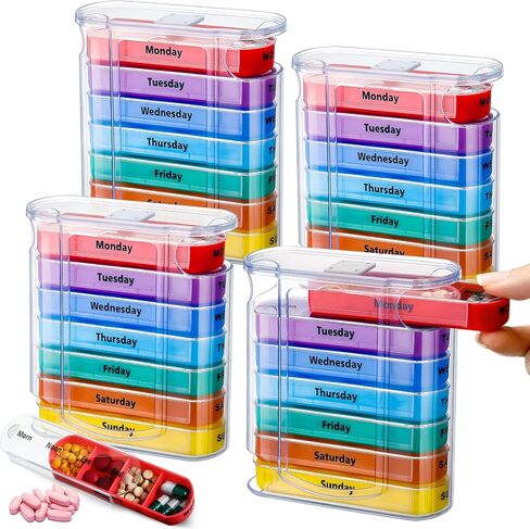 ياومياو 4 قطع منظم حبوب الدواء الأسبوعي 4 مرات في اليوم، علبة حبوب منع الحمل المحمولة منظم الطب الشخصي 1 موزع حبوب مع 7 مقصورات قابلة للتكديس للفيتامينات وزيوت السمك ومكملات الحبوب in Kuwait