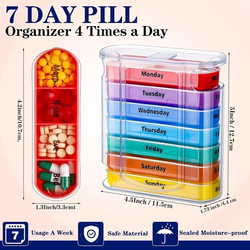 ياومياو 4 قطع منظم حبوب الدواء الأسبوعي 4 مرات في اليوم، علبة حبوب منع الحمل المحمولة منظم الطب الشخصي 1 موزع حبوب مع 7 مقصورات قابلة للتكديس للفيتامينات وزيوت السمك ومكملات الحبوب in Kuwait