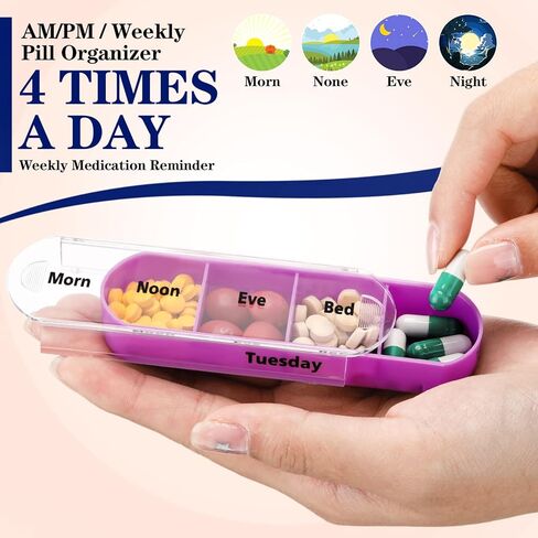 ياومياو 4 قطع منظم حبوب الدواء الأسبوعي 4 مرات في اليوم، علبة حبوب منع الحمل المحمولة منظم الطب الشخصي 1 موزع حبوب مع 7 مقصورات قابلة للتكديس للفيتامينات وزيوت السمك ومكملات الحبوب in Kuwait