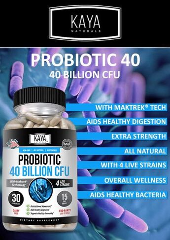 Kaya Naturals Probiotic 40 Billion CFU | Probiotics for Women, Probiotics for Men and Adults, Natural | Gut Health & Immune Support Supplement | Provides Digestive Support | 60 Vegetable Capsules in Saudi Arabia