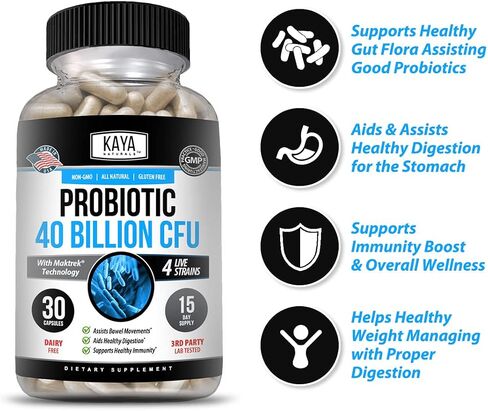 Kaya Naturals Probiotic 40 Billion CFU | Probiotics for Women, Probiotics for Men and Adults, Natural | Gut Health & Immune Support Supplement | Provides Digestive Support | 60 Vegetable Capsules in Saudi Arabia
