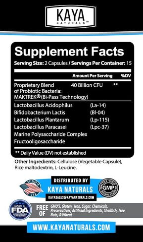 Kaya Naturals Probiotic 40 Billion CFU | Probiotics for Women, Probiotics for Men and Adults, Natural | Gut Health & Immune Support Supplement | Provides Digestive Support | 60 Vegetable Capsules in Saudi Arabia