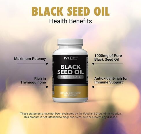 زيت الحبة السوداء العضوي من IVL - 120 كبسولة جيلاتينية طرية - فعالية عالية، 100% عذراء مضغوطة على البارد، حبة البركة، 1000 مجم لكل جرعة - أوميغا 3 6 9، مضادات الأكسدة، والثيموكينون لصحة الجسم بالكامل in Saudi Arabia