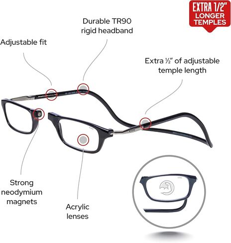 نظارات قراءة مغناطيسية من كليك (إطارات طويلة)، قارئات كمبيوتر، عدسة قابلة للاستبدال، أصلية طويلة، (أسود، تكبير 1.25) in Kuwait