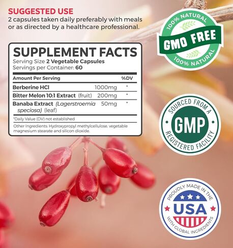 Berberine Supplement (Non-GMO & Vegetarian) Berberine HCL Plus Bitter Melon & Banaba Leaf Extract Capsules - Berberine 500mg Each, 1000mg Per Serve - AMPK Metabolic Activator - 60 Caps (No Pills) in Kuwait