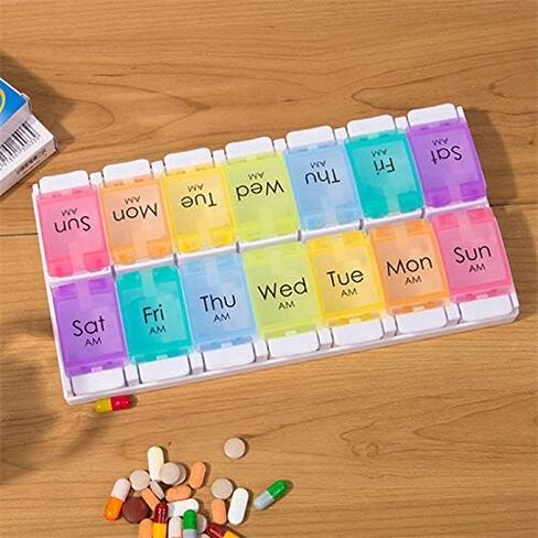 Pill Box Twice a Day Weekly, Open one lid to Fill 14 compartments for a New Push-to-Open Organizer for Vitamin Capsule Supplements (Black-1load) in Saudi Arabia