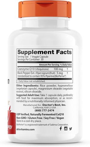Doctor's Best High Absorption CoQ10 with BioPerine, Vegan, Gluten Free, Naturally Fermented, Heart Health & Energy Production, 100 mg 60 Veggie Caps in Saudi Arabia