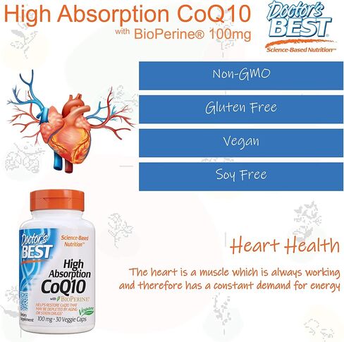 Doctor's Best High Absorption CoQ10 with BioPerine, Vegan, Gluten Free, Naturally Fermented, Heart Health & Energy Production, 100 mg 60 Veggie Caps in Saudi Arabia