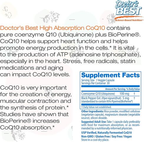 Doctor's Best High Absorption CoQ10 with BioPerine, Vegan, Gluten Free, Naturally Fermented, Heart Health & Energy Production, 100 mg 60 Veggie Caps in Saudi Arabia
