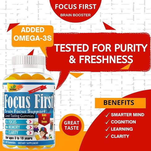 Focus First -Brain Focus, Memory, & Clarity Kids and Teens Study School Great Taste Gummies for Focus and Attention Omega with DHA/EPA Omega 3-6-9 Vitamin- 60 Gummies in Saudi Arabia