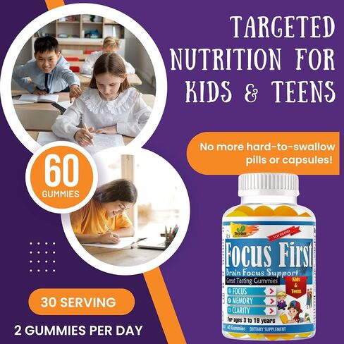 Focus First -Brain Focus, Memory, & Clarity Kids and Teens Study School Great Taste Gummies for Focus and Attention Omega with DHA/EPA Omega 3-6-9 Vitamin- 60 Gummies in Saudi Arabia