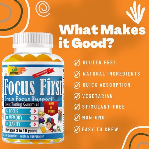 Focus First -Brain Focus, Memory, & Clarity Kids and Teens Study School Great Taste Gummies for Focus and Attention Omega with DHA/EPA Omega 3-6-9 Vitamin- 60 Gummies in Saudi Arabia