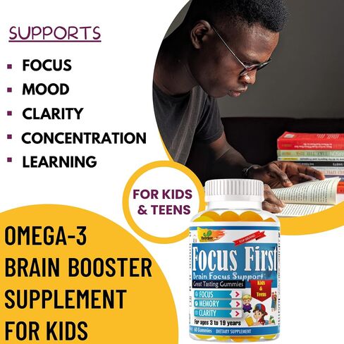 Focus First -Brain Focus, Memory, & Clarity Kids and Teens Study School Great Taste Gummies for Focus and Attention Omega with DHA/EPA Omega 3-6-9 Vitamin- 60 Gummies in Saudi Arabia