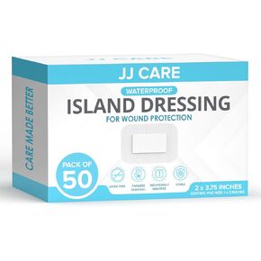 JJ CARE Waterproof Adhesive Island Dressing [Pack of 50], 2" x 3.75" Sterile Island Wound Dressing, Breathable Bordered Gauze Dressing, Individually Wrapped Latex Free Bandages, Non-Stick Central Pad in Kuwait