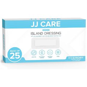 ضمادة جزيرة لاصقة من JJ CARE [عبوة من 25 قطعة]، ضمادة جروح جزيرة معقمة مقاس 4 × 10 بوصة، ضمادة شاش ذات حدود مسامية، ضمادات جروح جزيرة ملفوفة بشكل فردي مع وسادة مركزية غير لاصقة
