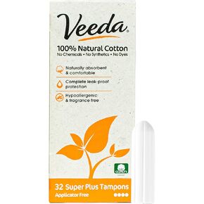 Veeda 100% Natural Cotton Applicator Free Tampons Super Absorbent Comfort Digital Super Plus Tampons Chlorine Toxin and Pesticide free, 32 Count in Kuwait