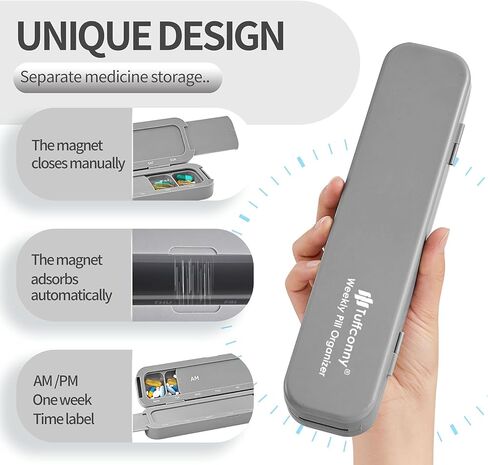 منظم حبوب الدواء الأسبوعي من تافكوني - منظم أدوية السفر، صناديق حبوب الدواء ومنظم مرتين في اليوم، حقيبة حبوب جميلة لمدة 7 أيام، حامل حبوب للفيتامينات والأدوية والأجهزة اللوحية (رمادي أنيق) in Kuwait