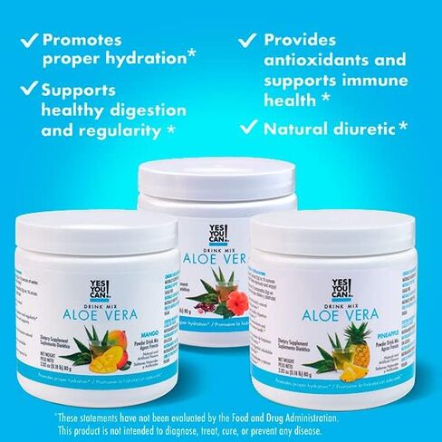 Yes You Can! Organic Aloe Vera Powder Drink Mix - Hydration Booster Infused with Pure Aloe Juice - Delicious Flavors - Made in USA - Antioxidant Rich - Hibiscus Flavor - 40 Servings in Kuwait
