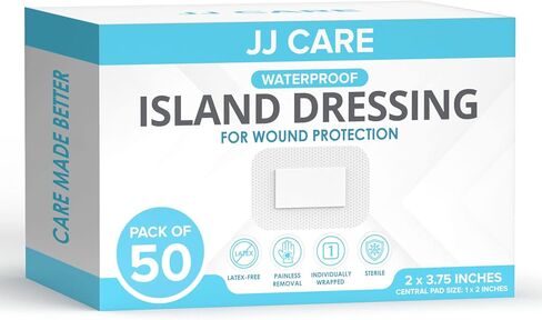 JJ CARE Waterproof Adhesive Island Dressing [Pack of 50], 2" x 3.75" Sterile Island Wound Dressing, Breathable Bordered Gauze Dressing, Individually Wrapped Latex Free Bandages, Non-Stick Central Pad in Saudi Arabia