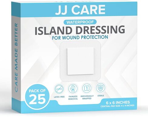 JJ CARE Waterproof Adhesive Island Dressing [Pack of 25], 6" x 6" Sterile Island Wound Dressing, Breathable Bordered Gauze Dressing, Individually Wrapped Latex Free Bandages with Non-Stick Central Pad in Saudi Arabia