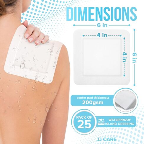 JJ CARE Waterproof Adhesive Island Dressing [Pack of 25], 6" x 6" Sterile Island Wound Dressing, Breathable Bordered Gauze Dressing, Individually Wrapped Latex Free Bandages with Non-Stick Central Pad in Saudi Arabia