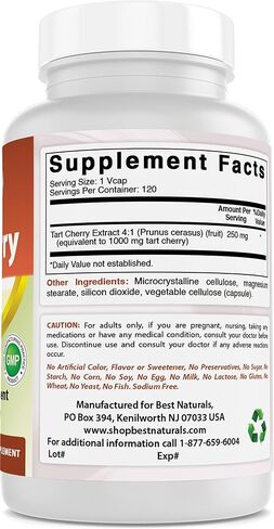 Best Naturals Tart Cherry Extract 1000 mg (Non-GMO) Veggie Capsules - Promotes Healthy Uric Acid levels within normal range, Healthy Joint Function & Promotes Healthy Sleep Cycle, 120 Count in Kuwait
