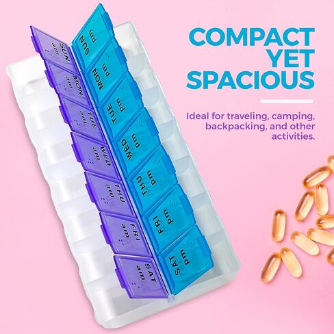 Weekly Pill Organizer - 7 Day AM/PM Twice a Day | Pills Planner Case with Large Compartment | BPA Free Travel Medicine Box for Medication, Vitamins & Fish Oil Supplements in Saudi Arabia