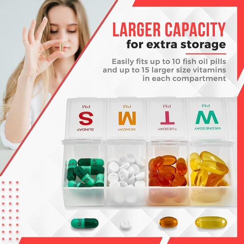 Weekly Pill Organizer - 7 Day AM/PM Twice a Day | Pills Planner Case with Large Compartment | BPA Free Travel Medicine Box for Medication, Vitamins & Fish Oil Supplements in Saudi Arabia