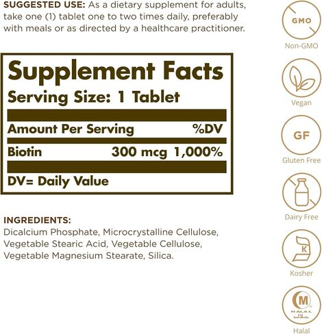 Solgar Biotin 300 mcg - 100 Tablets - Supports Healthy Skin, Nails & Hair - Non-GMO, Vegan, Gluten Free, Dairy Free, Kosher, Halal - 100 Servings in Saudi Arabia