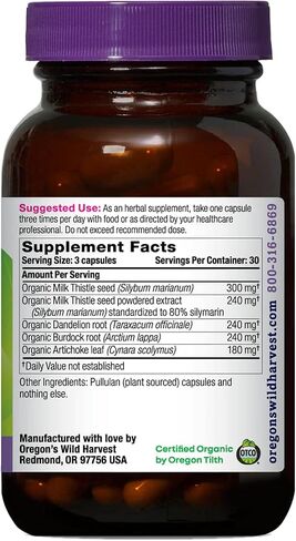 Oregon's Wild Harvest Certified Organic Milk Thistle Dandelion Capsules, 80% Silymarin, Burdock and Artichoke, 90 Count in Saudi Arabia