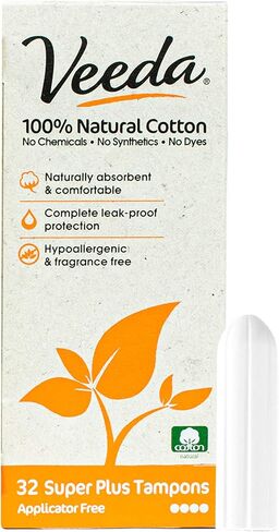 Veeda 100% Natural Cotton Applicator Free Tampons Super Absorbent Comfort Digital Super Plus Tampons Chlorine Toxin and Pesticide free, 32 Count in Kuwait