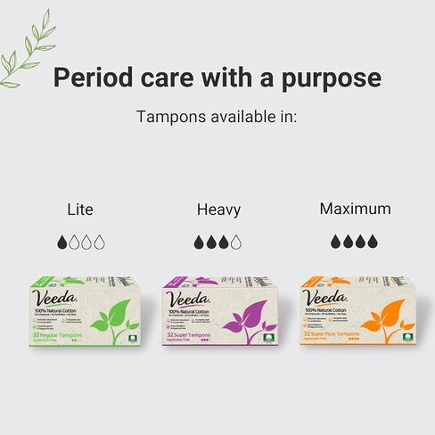 Veeda 100% Natural Cotton Applicator Free Tampons Super Absorbent Comfort Digital Super Plus Tampons Chlorine Toxin and Pesticide free, 32 Count in Kuwait