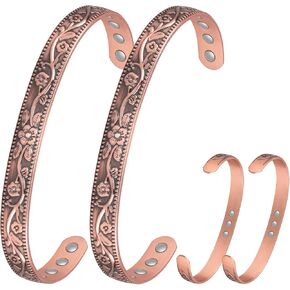 jecanori 2pcs أساور النحاس المغناطيسي للنساء والرجال لالتهاب المفاصل والمفاصل، زهرة خمر 99.99٪ أساور النحاس النقي مع 3500 مغناطيس غاوس، مجوهرات الكفة قابل للتعديل مع صندوق هدية