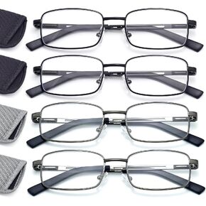 HIGHLIKE Reading Glasses Men, Metal Stainless Flex Readers with Soft Cases, Clear Lens Blue Light Glasses