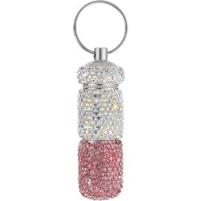 Bling Pill Case Portable Travel Pill Container Bottle Rhinestone Waterproof Small Pill Holder with Keychain Cute Mini Pill Storage Box for Outdoor Camping (AB)