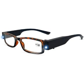 Reading Glasses with Light Bright LED Readers with Lights Lighted Magnifier Nighttime Reader Compact Full Frame Eyewear Lighted Eye Glasses (+1.0)