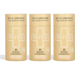 PATCH Eco-Friendly Bamboo Adhesive Sensitive Skin Bandages with Activated Charcoal, Hypoallergenic Bandages for Sensitive Skin, Compostable, Biodegradable, Latex Free and Plastic Free, 25 count - 3pk