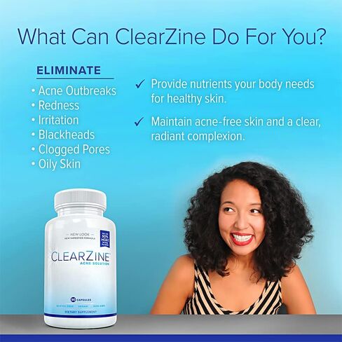ClearZine Acne Pills for Teens & Adults | Clear Skin Supplement, Vitamins for Hormonal & Cystic Acne | Stop Breakouts, Oily Skin and Zits, 90 Caps in Saudi Arabia