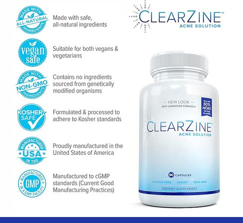 ClearZine Acne Pills for Teens & Adults | Clear Skin Supplement, Vitamins for Hormonal & Cystic Acne | Stop Breakouts, Oily Skin and Zits, 90 Caps in Saudi Arabia