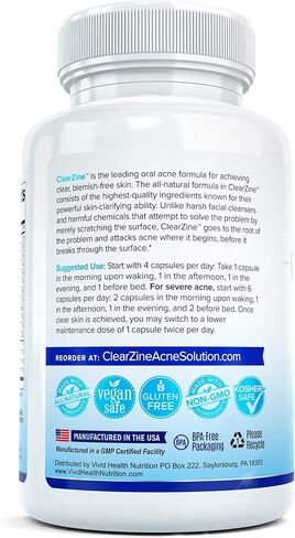 ClearZine Acne Pills for Teens & Adults | Clear Skin Supplement, Vitamins for Hormonal & Cystic Acne | Stop Breakouts, Oily Skin and Zits, 90 Caps in Saudi Arabia