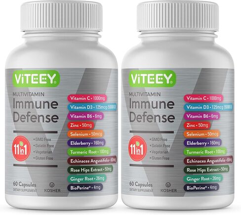 11 in 1 Multivitamin Immune Defense Supplement - Immune Booster Capsules for Adults - Vitamin C, Vitamin D3, Vitamin B6, Zinc, Elderberry, Echinacea, Turmeric, Rose-HIPS, Selenium, BioPerine, Ginger in Kuwait