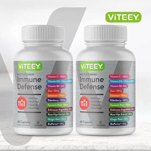 11 in 1 Multivitamin Immune Defense Supplement - Immune Booster Capsules for Adults - Vitamin C, Vitamin D3, Vitamin B6, Zinc, Elderberry, Echinacea, Turmeric, Rose-HIPS, Selenium, BioPerine, Ginger in Kuwait