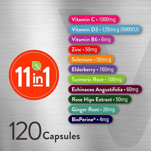 11 in 1 Multivitamin Immune Defense Supplement - Immune Booster Capsules for Adults - Vitamin C, Vitamin D3, Vitamin B6, Zinc, Elderberry, Echinacea, Turmeric, Rose-HIPS, Selenium, BioPerine, Ginger in Kuwait