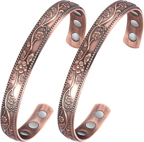 jecanori 2pcs أساور النحاس المغناطيسي للنساء والرجال لالتهاب المفاصل والمفاصل، زهرة خمر 99.99٪ أساور النحاس النقي مع 3500 مغناطيس غاوس، مجوهرات الكفة قابل للتعديل مع صندوق هدية in Saudi Arabia