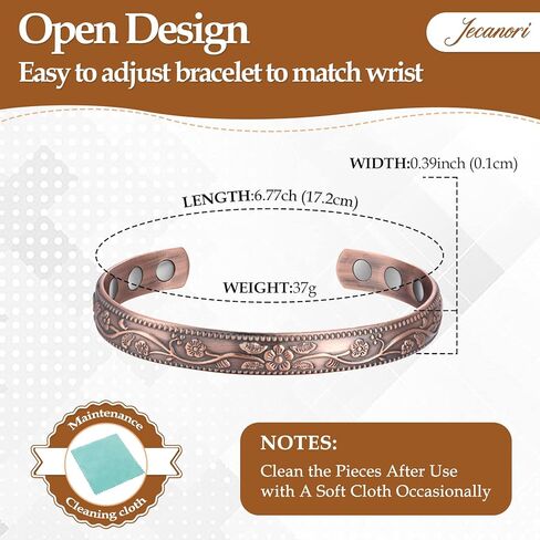 jecanori 2pcs أساور النحاس المغناطيسي للنساء والرجال لالتهاب المفاصل والمفاصل، زهرة خمر 99.99٪ أساور النحاس النقي مع 3500 مغناطيس غاوس، مجوهرات الكفة قابل للتعديل مع صندوق هدية in Saudi Arabia