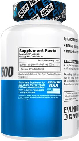 مكمل مضاد للأكسدة EVL Quercetin 500mg - مكمل يومي لدعم المناعة مع قوة إضافية كيرسيتين ثنائي هيدرات فلافونويد - مكمل كيرسيتين فائق القوة لدعم المفاصل والمناعة in Kuwait