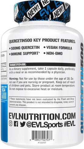مكمل مضاد للأكسدة EVL Quercetin 500mg - مكمل يومي لدعم المناعة مع قوة إضافية كيرسيتين ثنائي هيدرات فلافونويد - مكمل كيرسيتين فائق القوة لدعم المفاصل والمناعة in Kuwait