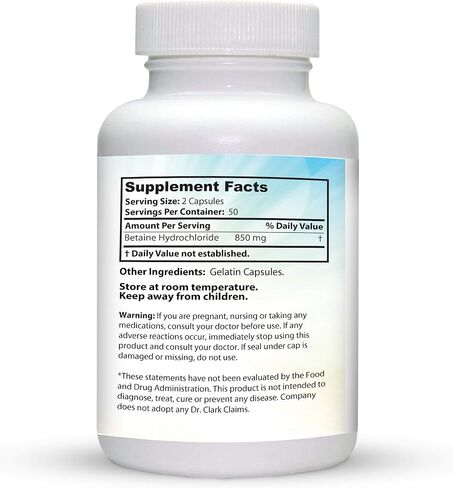 Dr. Clark Betaine HCL Digestive Enzymes - Acid Reflux Medicine, Hydrochloric Acid Protein Supplement, Optimal Digestion Formula, 100 Gelatin Capsules, 425 mg in Saudi Arabia